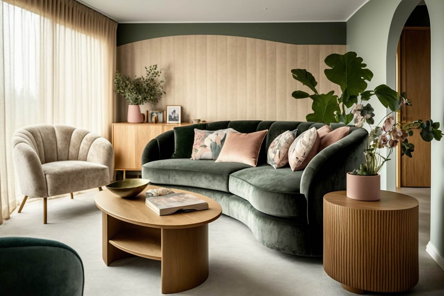 Ein Wohnzimmer Mit Geschwungenen Möbeln, Darunter Ein Rundes Sofa Und Ein Couchtisch