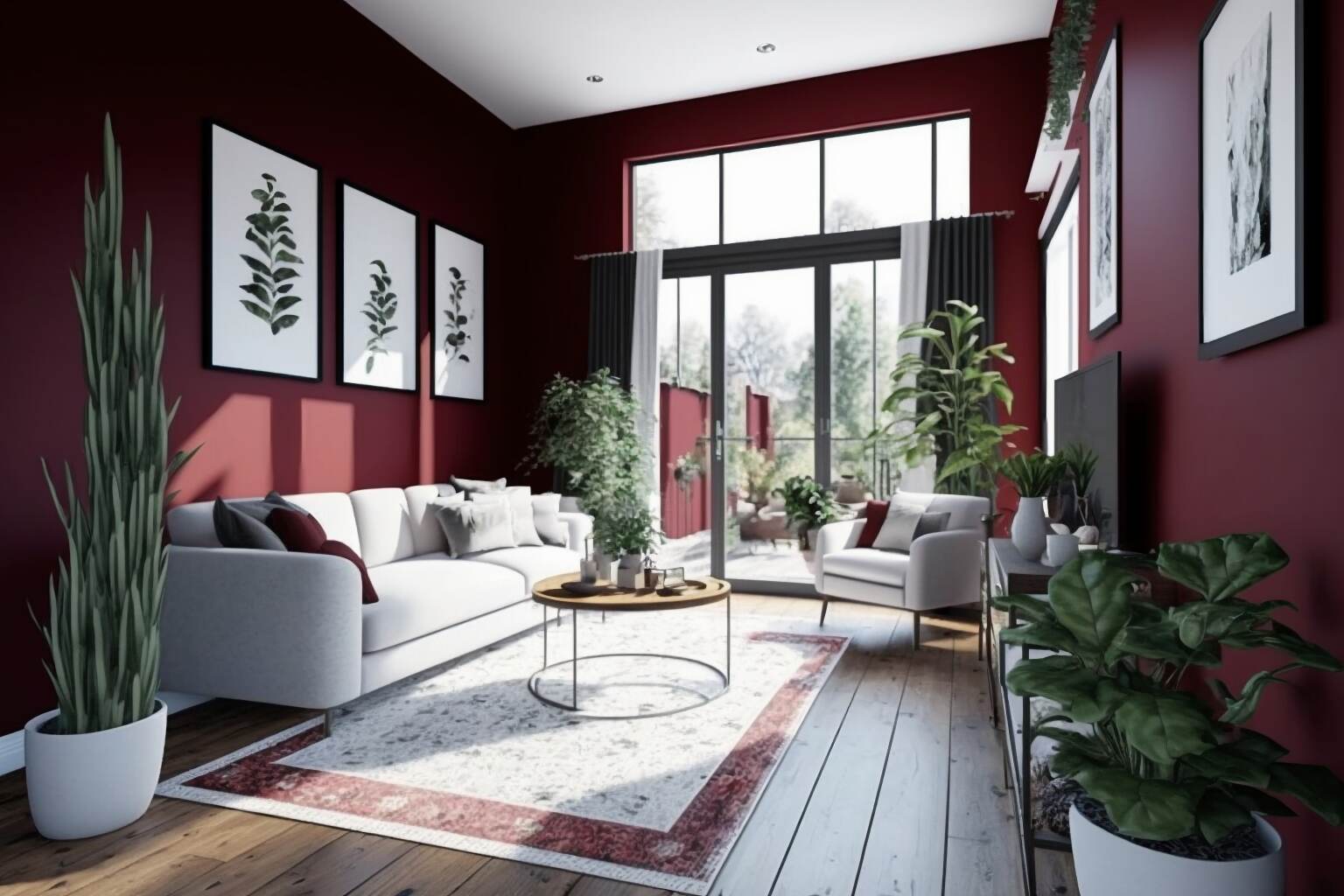 A Living Room With Deep Red Walls Contrasting With White