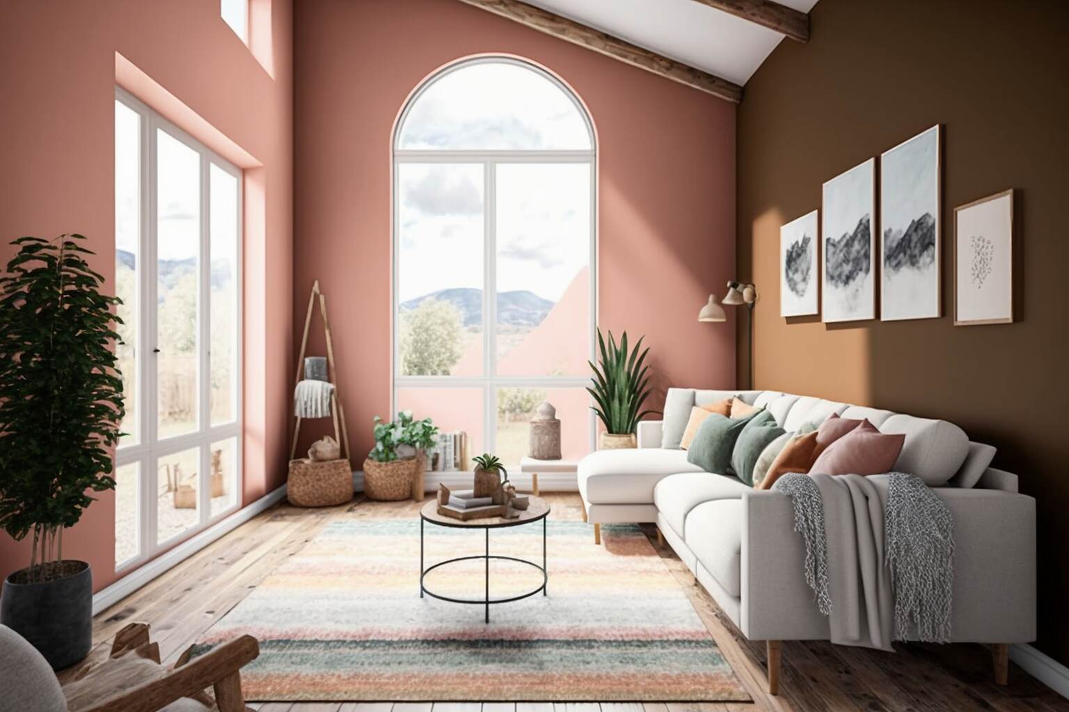 Ein Wohnzimmer Mit Erdbraunen Wänden Und Einem Rosa Teppich