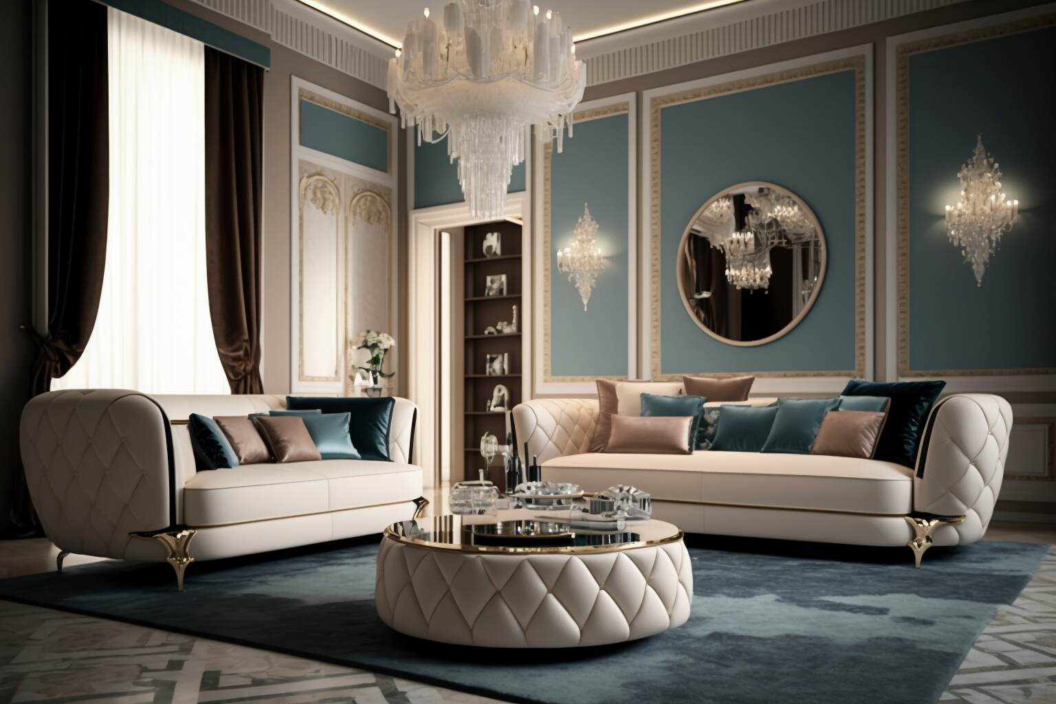 A Luxurious Living Room Adorned With A Stunning Italian Brand Vistosi Chandelier