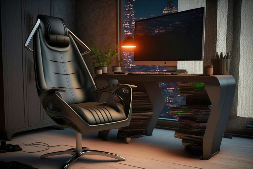 Ein Gaming-Stuhl Im Bürostil Mit Schwarzer Lederpolsterung.