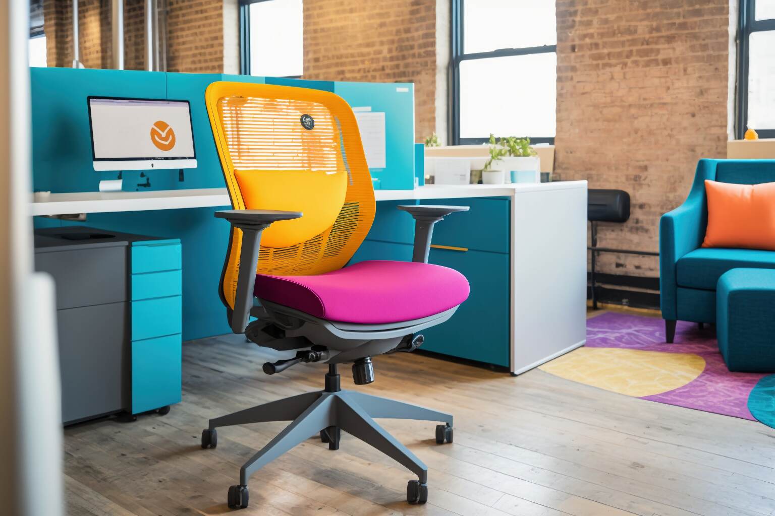 Ein Bürostuhl Mit Leuchtend Farbigem Netzrücken.