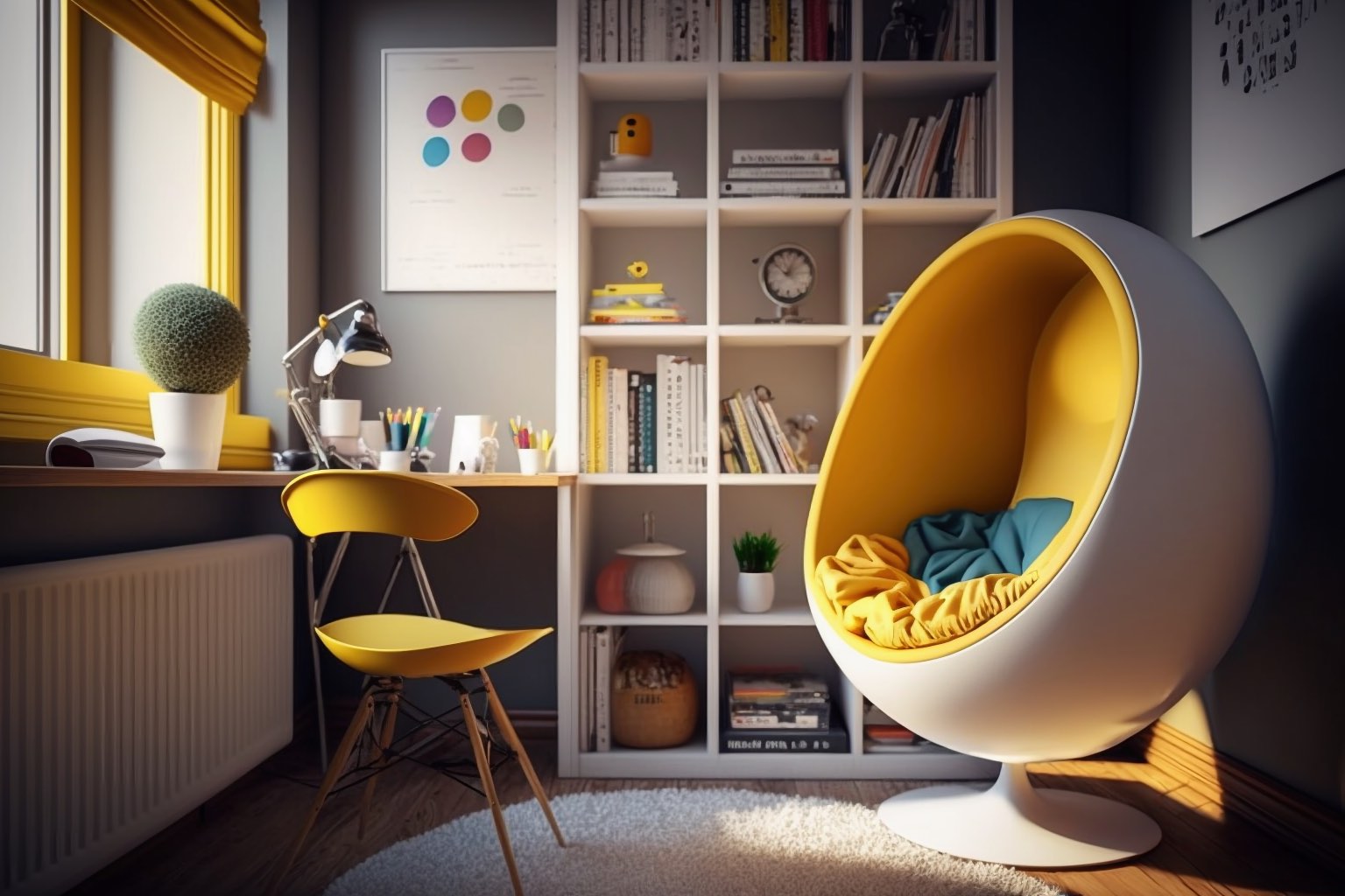 Home-Office Mit Einem Leuchtend Gelben Ei-Stuhl.