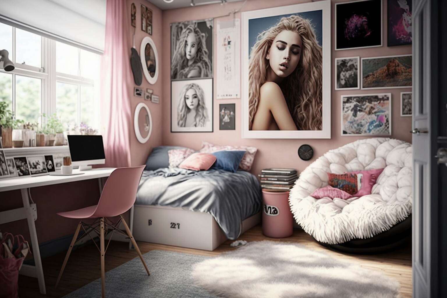 Mädchen-Schlafzimmer Für Teenager Mit Einem Flauschigen Pinkfarbenen Beanbag-Stuhl.