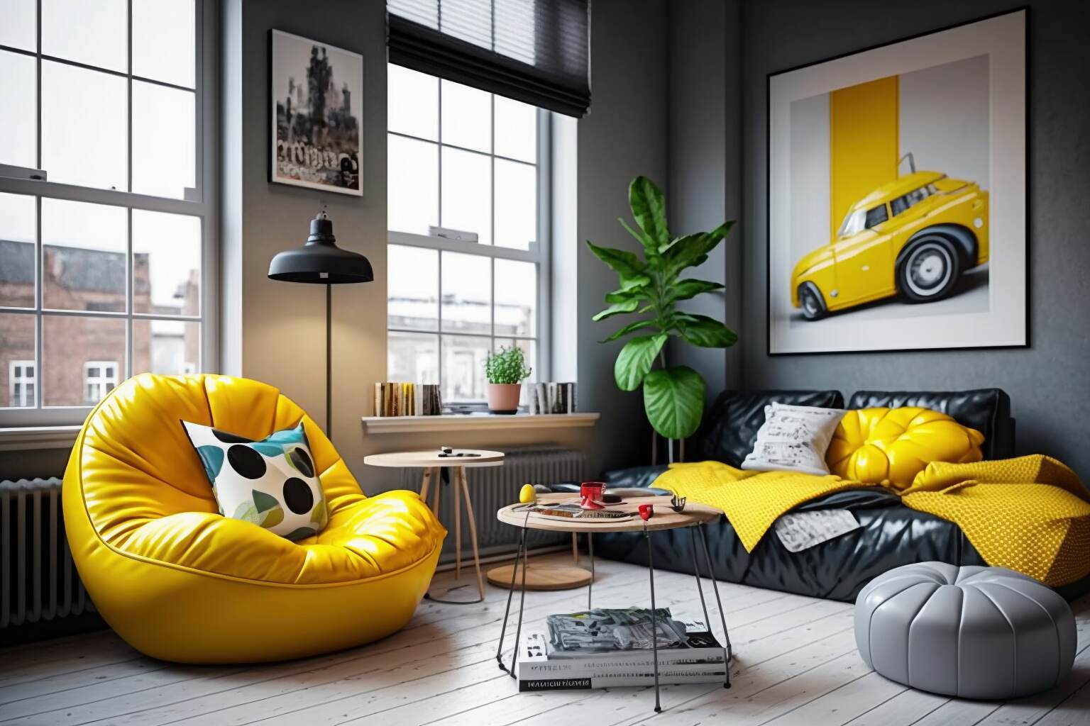 Ein Trendiges Studio-Apartment Mit Einem Leuchtend Gelben Beanbag-Stuhl.