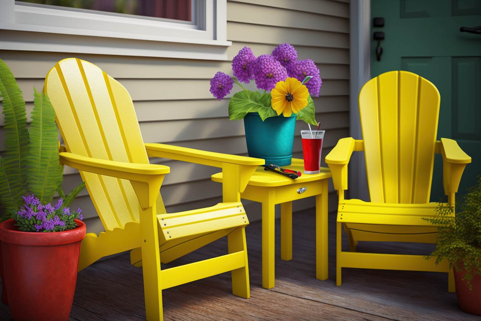 Zwei Adirondack-Stühle Aus Leuchtend Gelbem Kunststoff.
