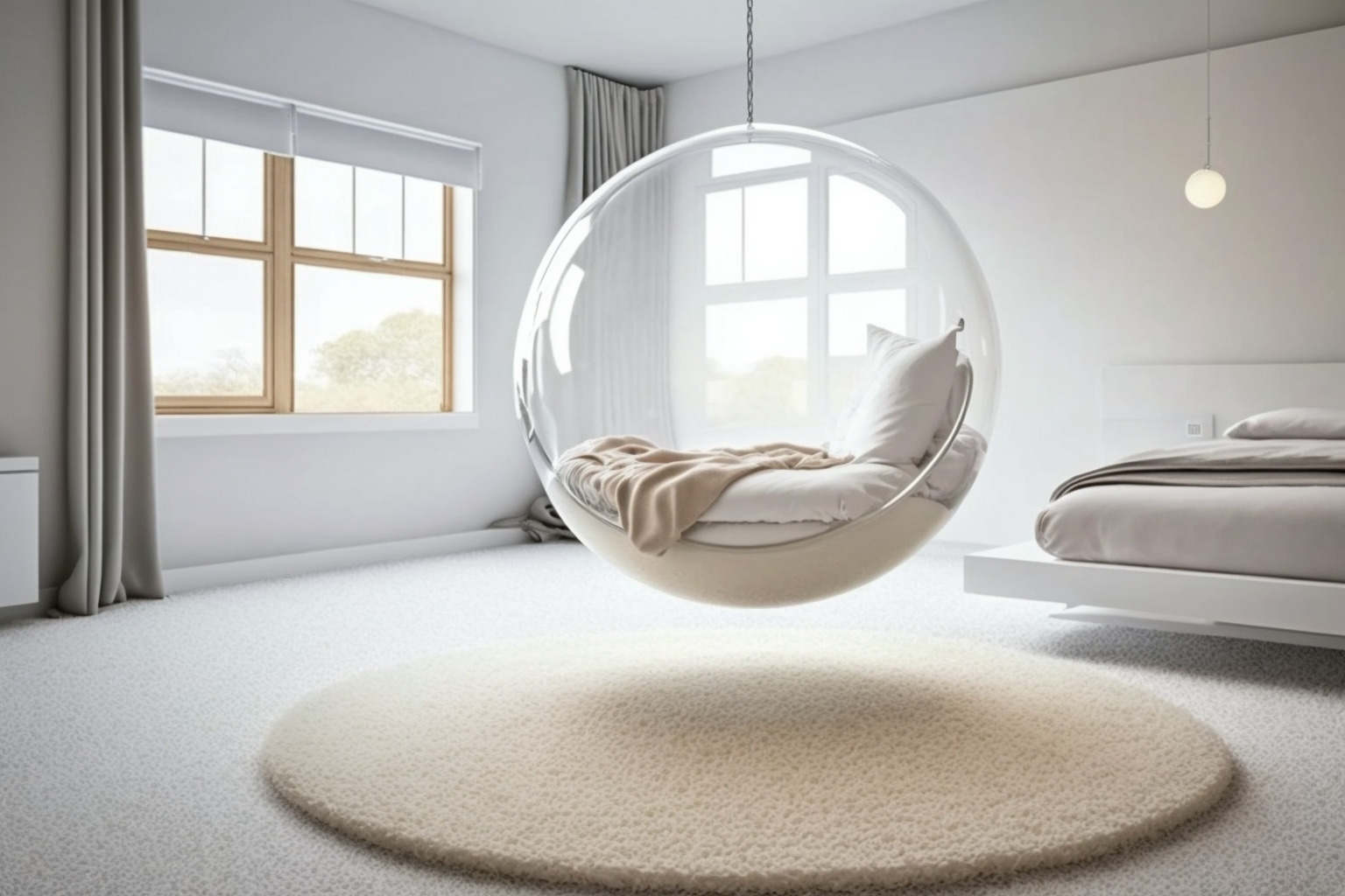 Minimalistisches Schlafzimmer Mit Einem Hängesessel Aus Klarglas