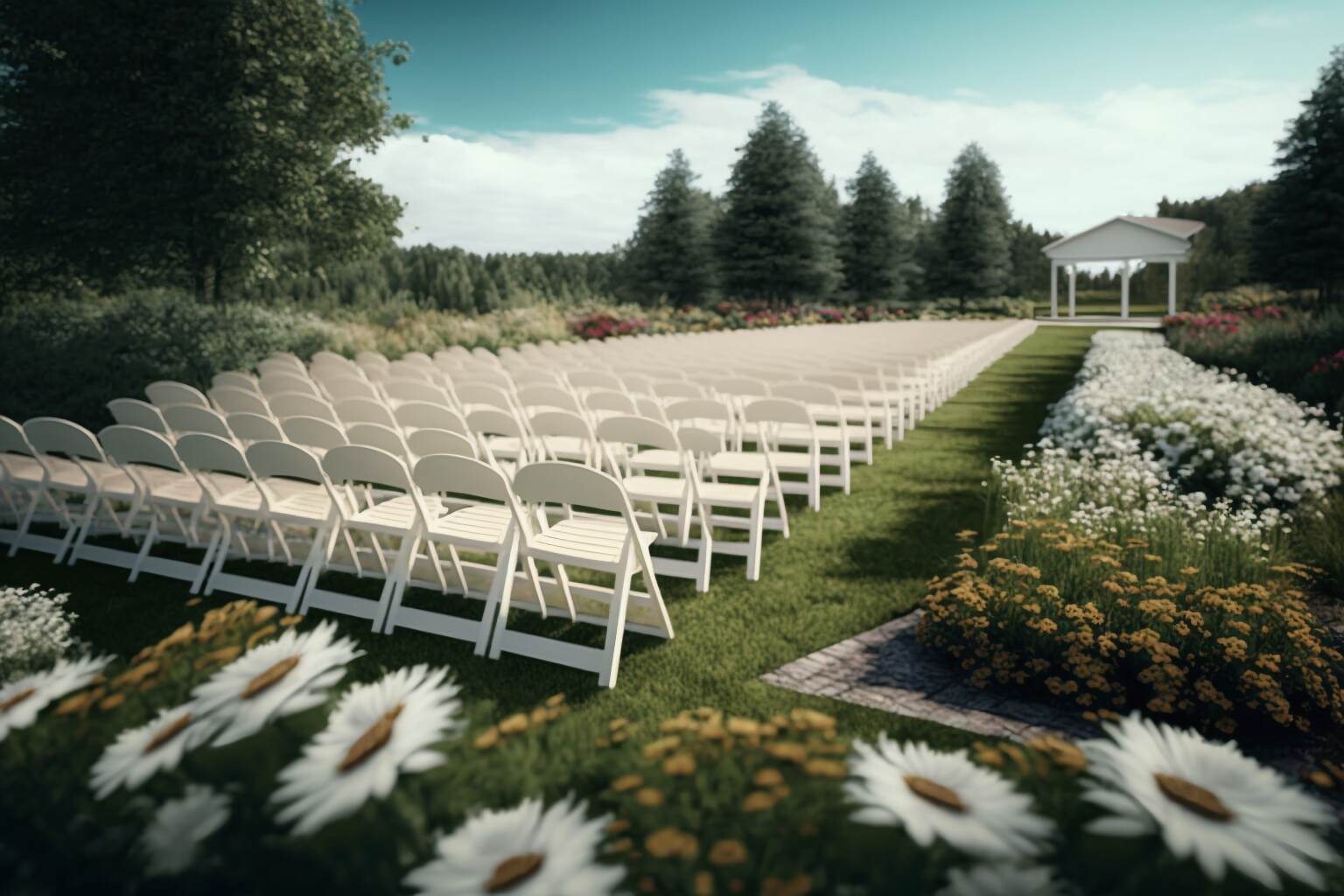 Eine Outdoor-Hochzeitszeremonie Mit Reihen Von Weißen Faltstühlen.