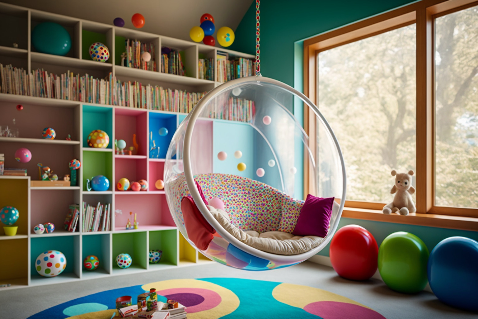 Verspieltes Und Farbenfrohes Kinderspielzimmer Mit Einem Durchsichtigen Bubble Chair