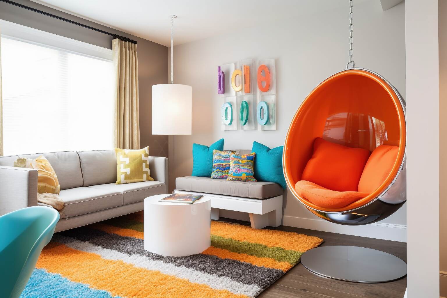 A Hanging Egg Chair Is Situated In A Cozy Contemporary Living Room