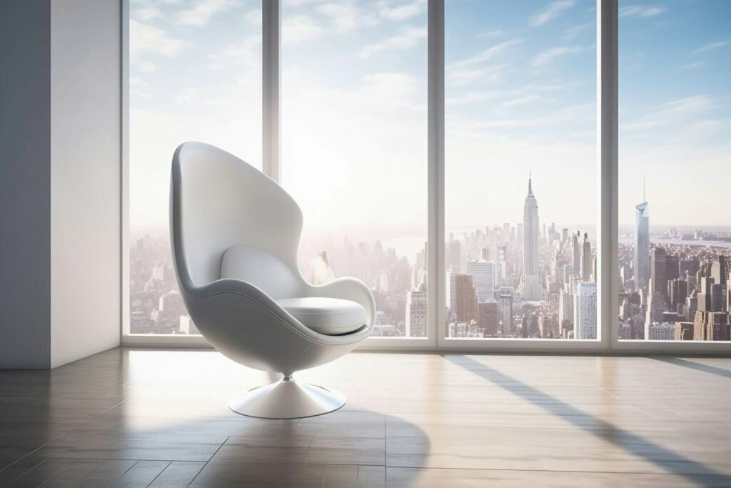 An Egg Chair Is Placed Near A Large Panoramic Window