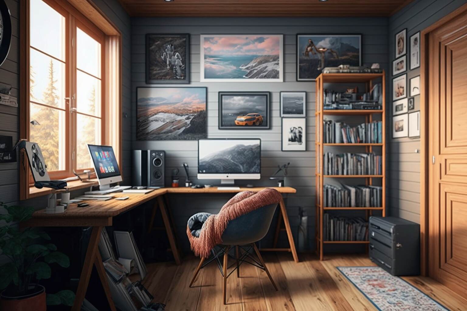 Home Office With A Gallery Wall Of Artwork