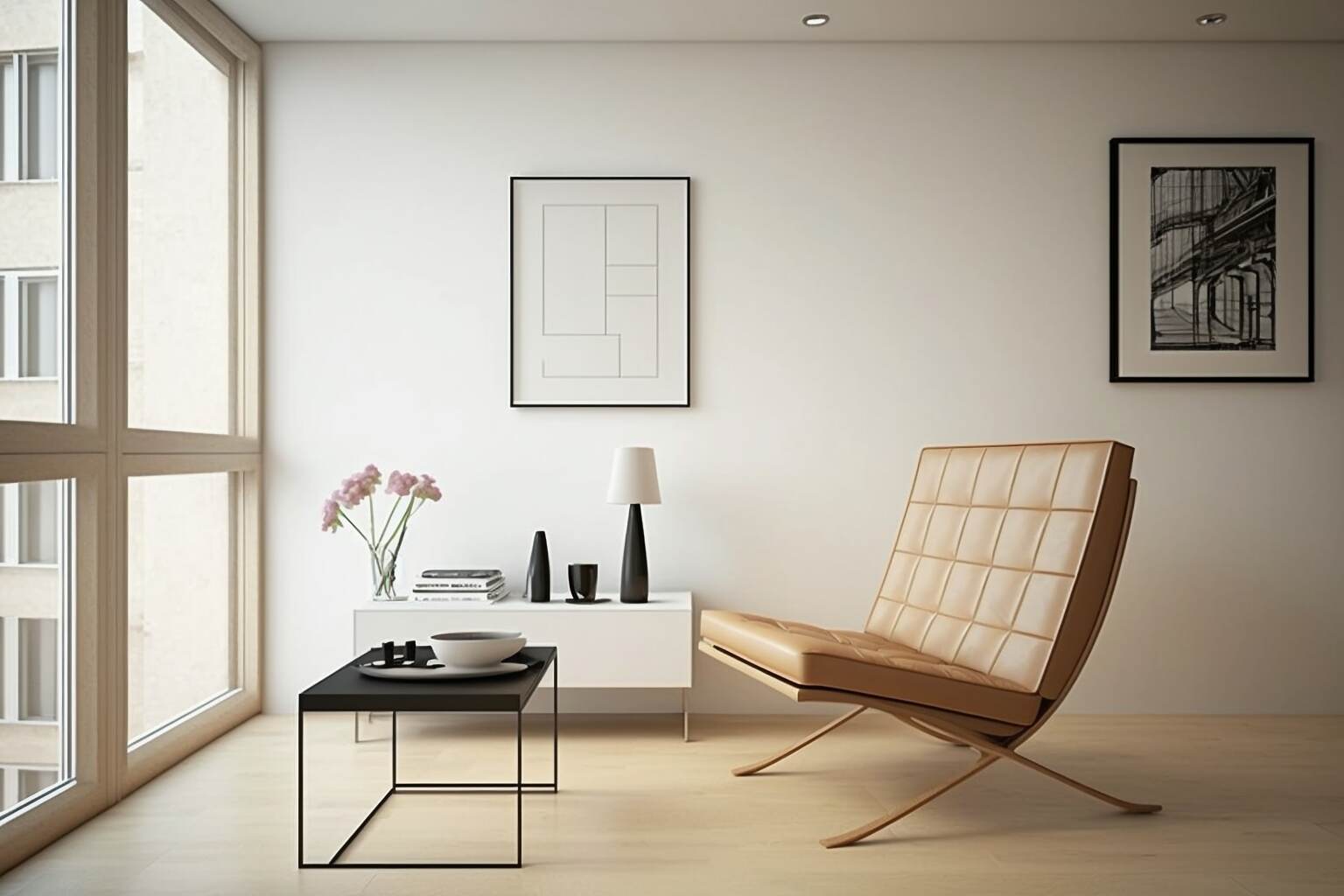 Minimalistisches Wohnzimmer Mit Einem Barcelona-Stuhl In Beige