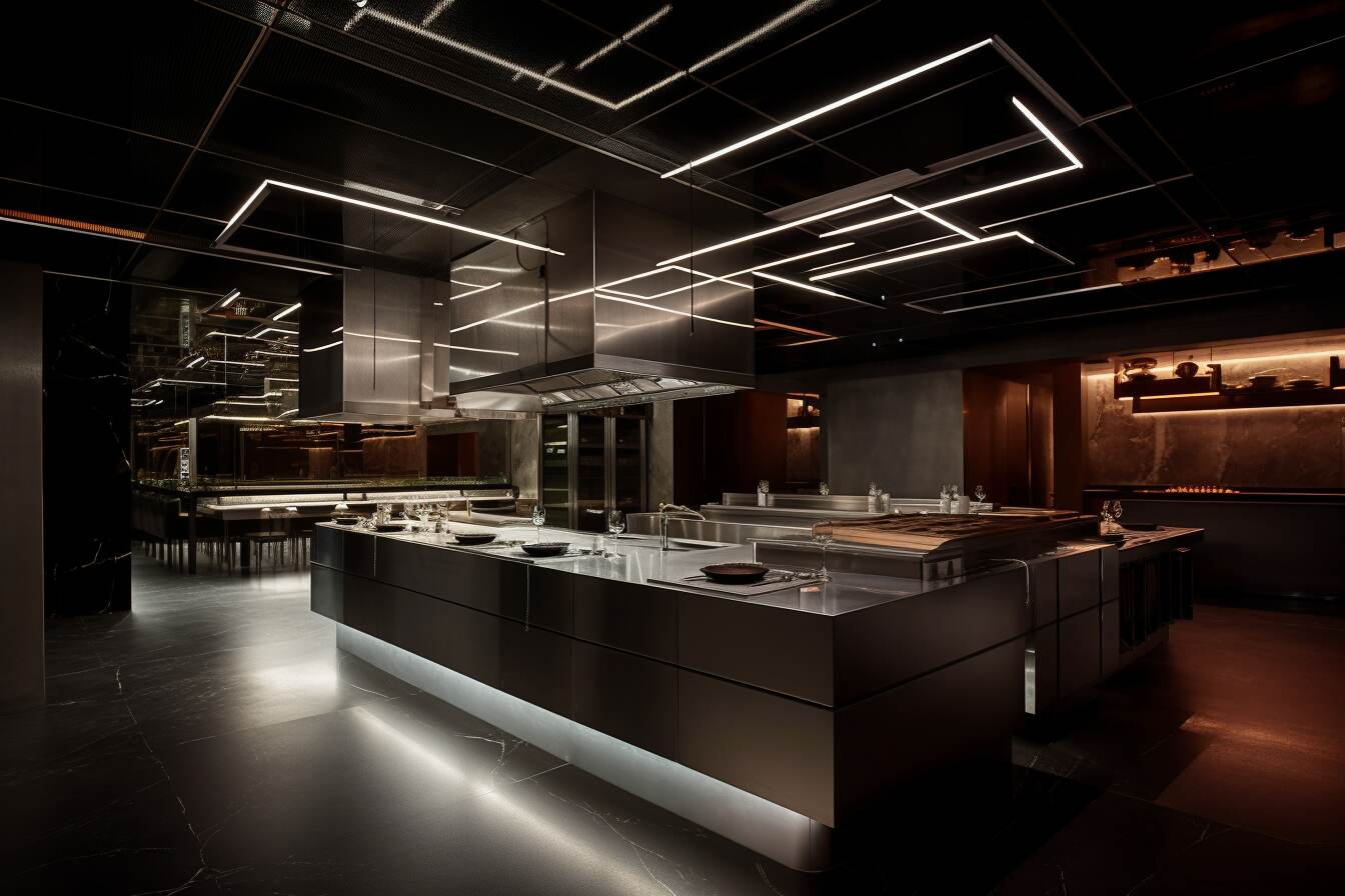 Hochmoderne Restaurantküche Mit Auffälliger Beleuchtung