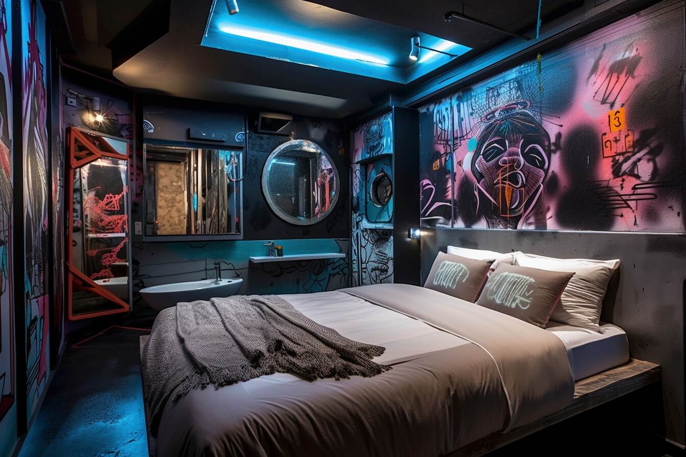 Cyberpunk Styled Bedroom Featuring Street Art