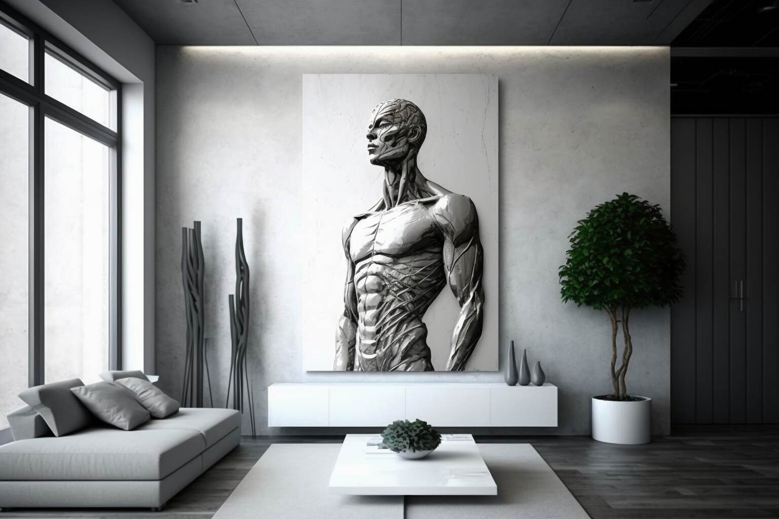 Großes Leinwandgemälde mit moderner Skulptur im Mittelpunkt des minimalistischen Wohnzimmers