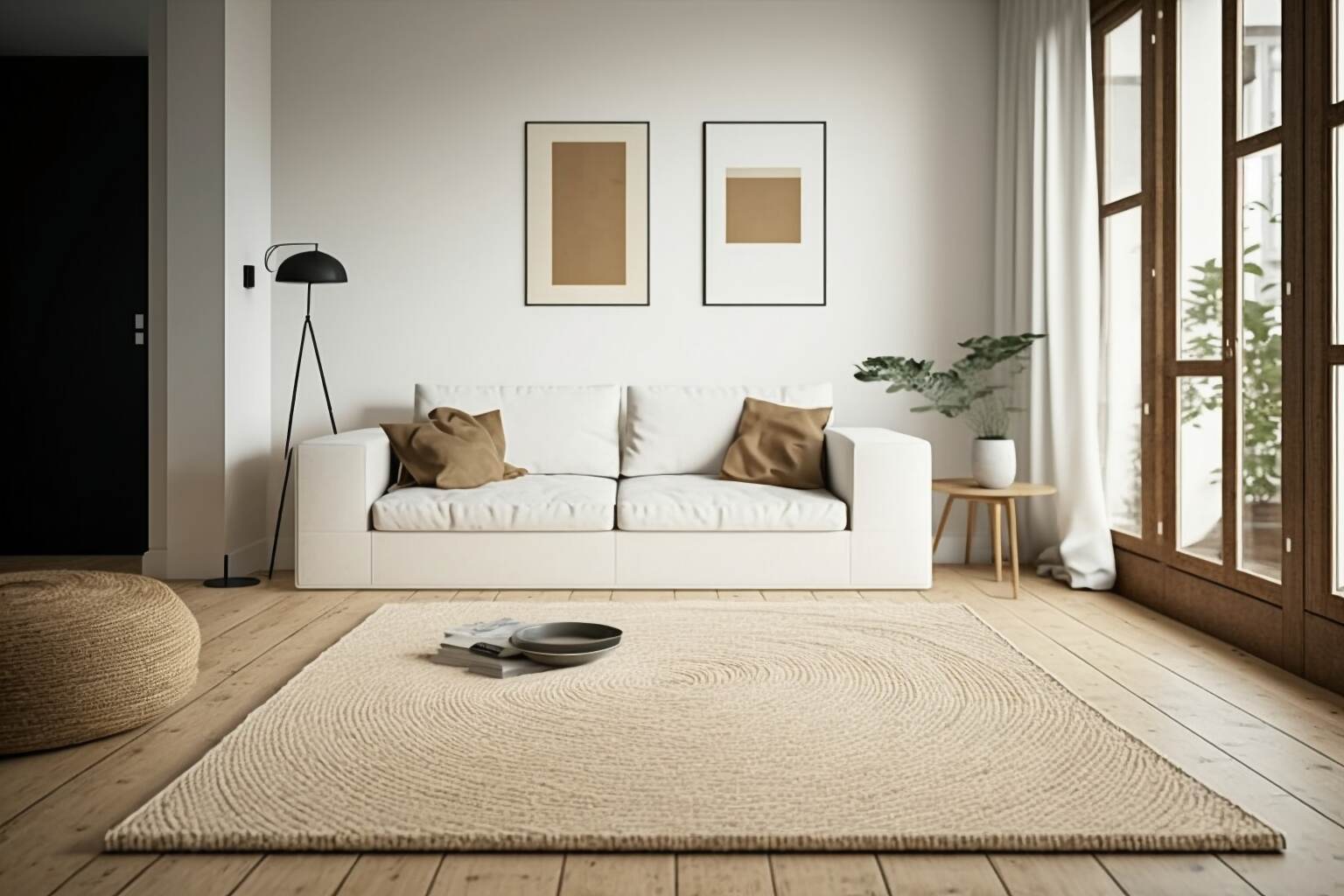 Living Room With A Woven Jute Rug For Added Texture