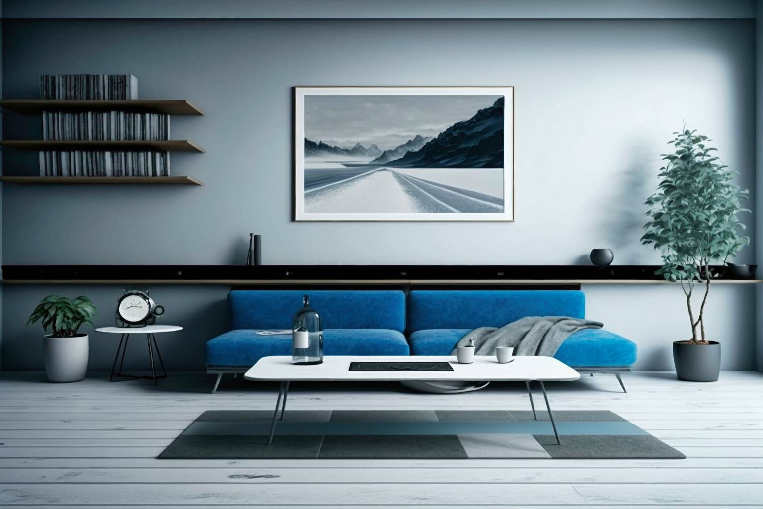 Living Room With Shades Of Blue And A Simple Low Profile Sofa