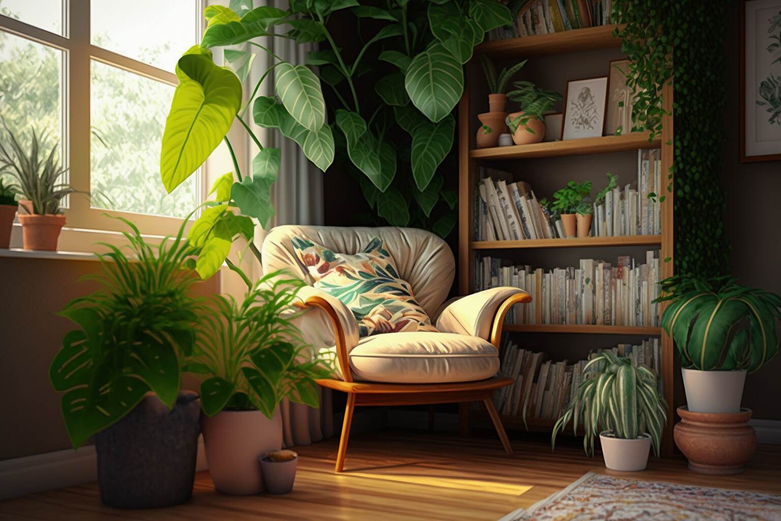 Maximalist Decor Style Cozy Reading Nook With A Mix Of Plants