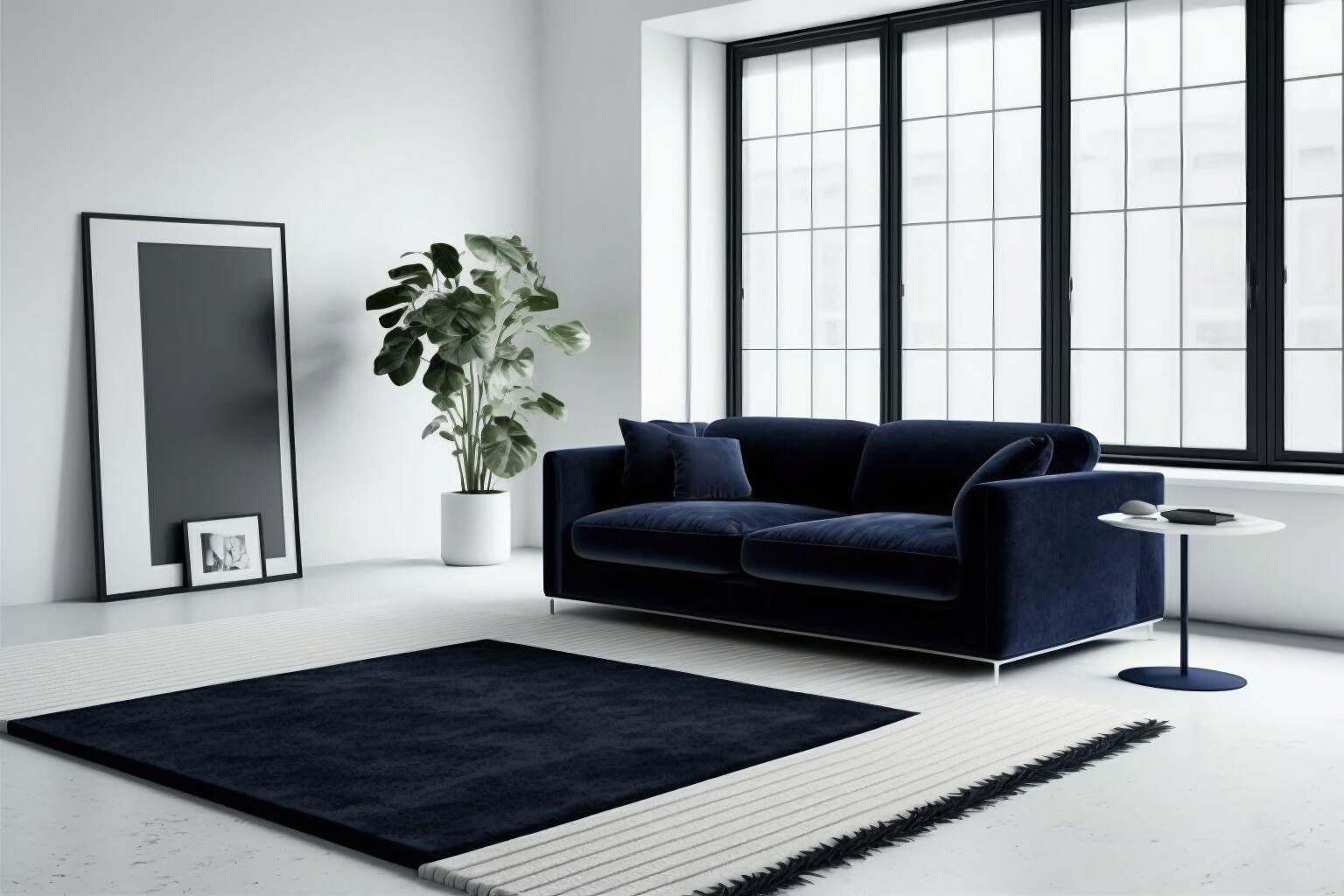 Minimalist Living Room With A Navy Blue Velvet Sofa