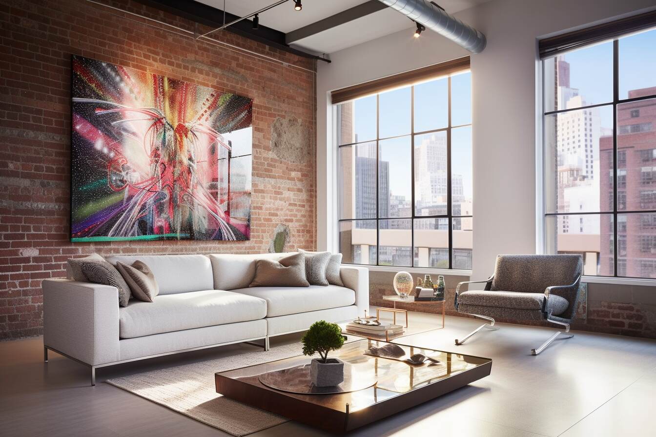 Modern Living Room With An Industrial Edge Featuring Cyberpunk Holographic Image