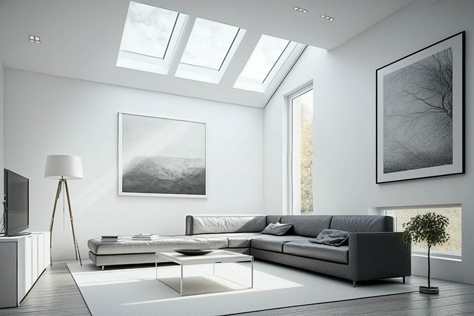 Modern Minimalist Living Room With A Skylight That Illuminates The Room With Natural Light