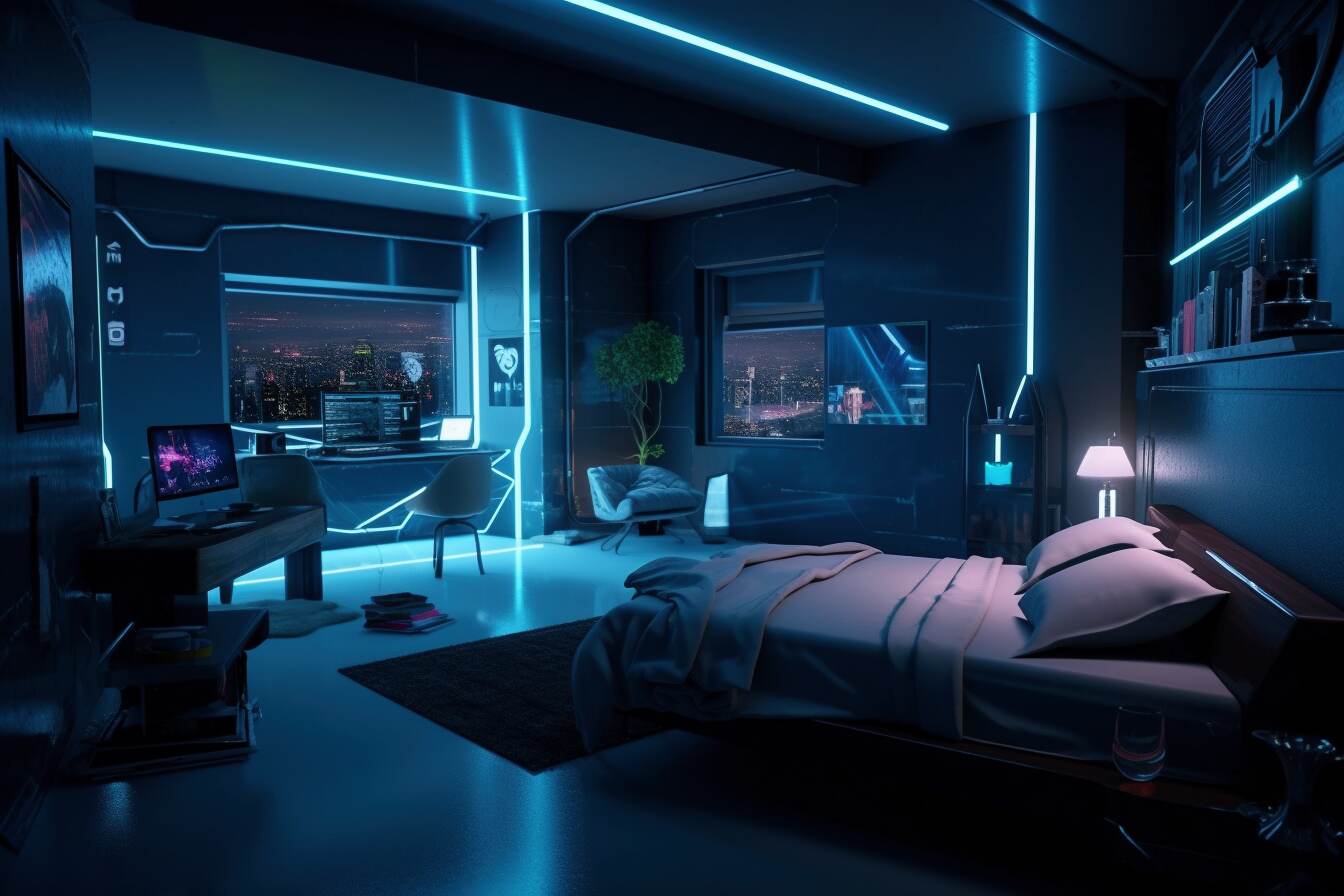 Schlafzimmer Mit Schlanker High-Tech-Optik, Das Sprachgesteuerte Systeme Präsentiert