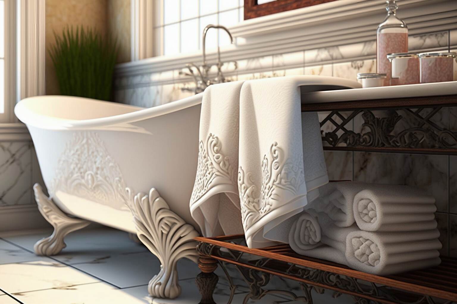 Traditional Bathroom With An Ornate Clawfoot Tub And Marble Counters