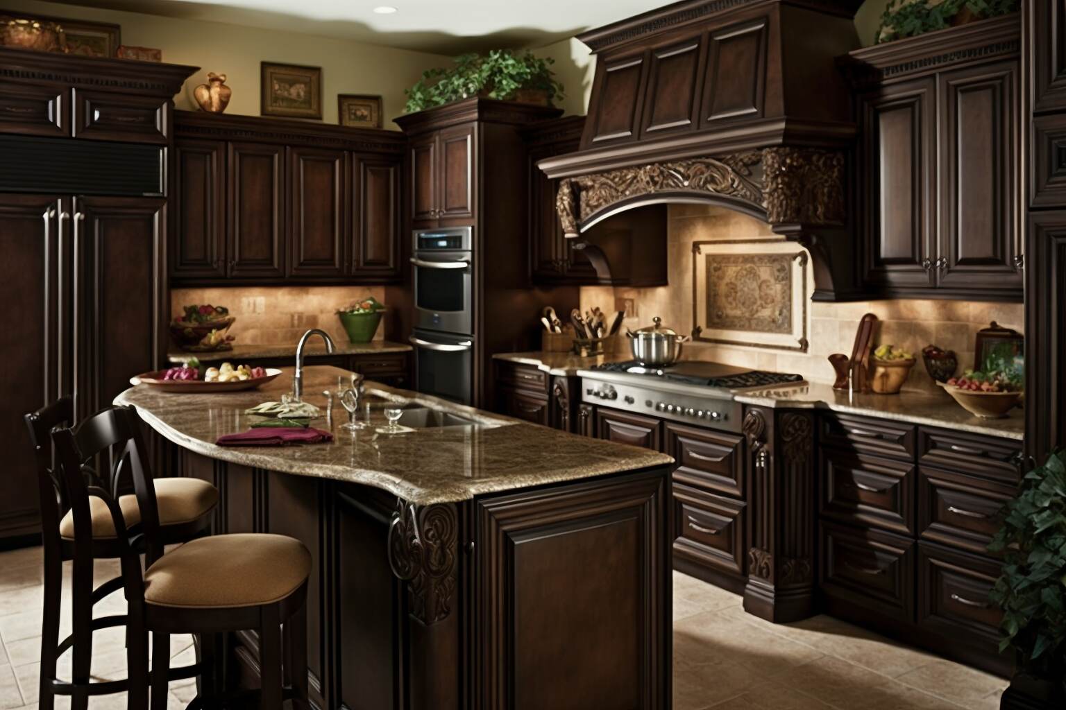 Traditional Kitchen With A Large Wooden Island Dark Wood