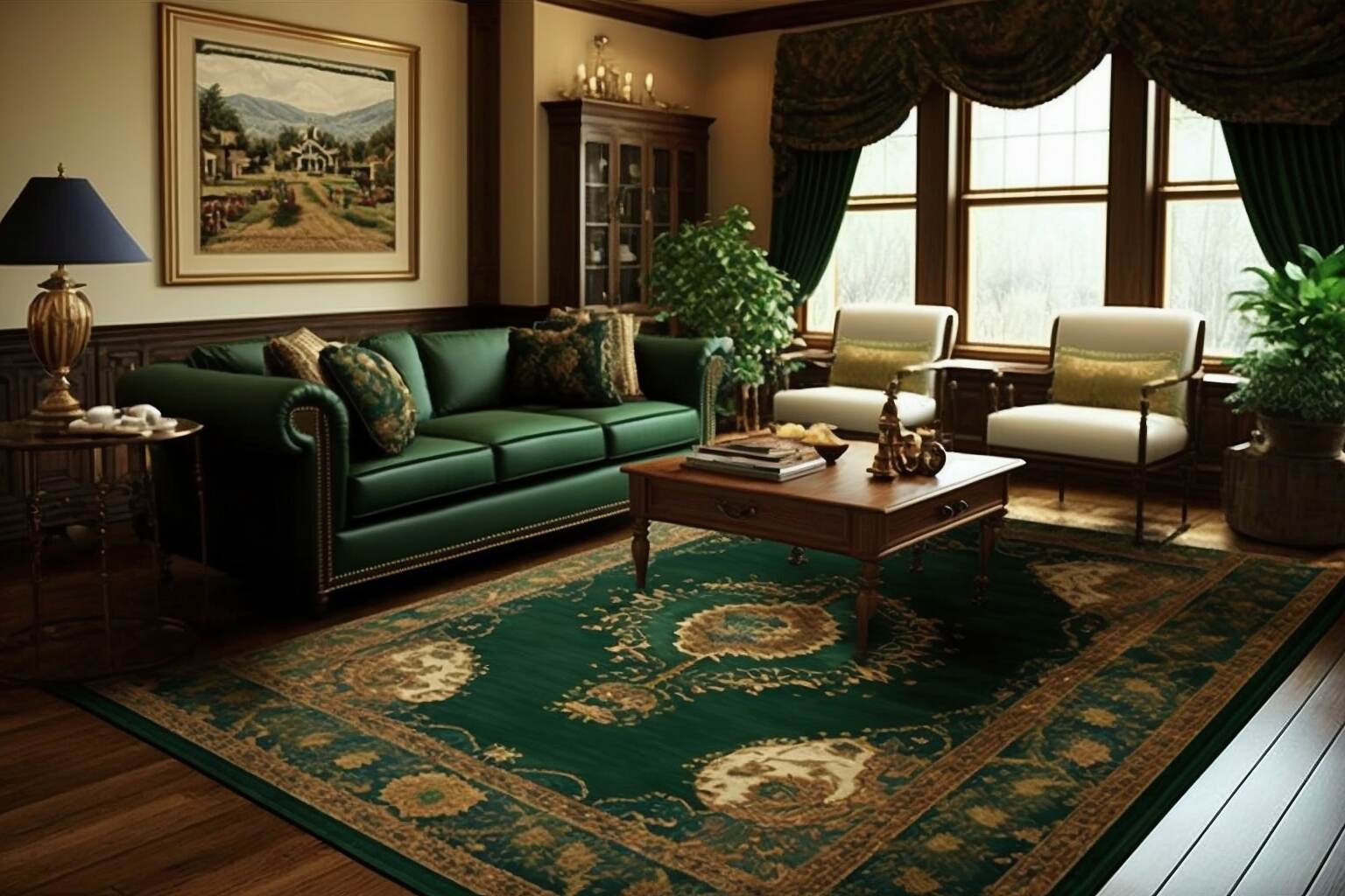 Traditional Living Room With Antique Accents And Vintage Style Rug 1