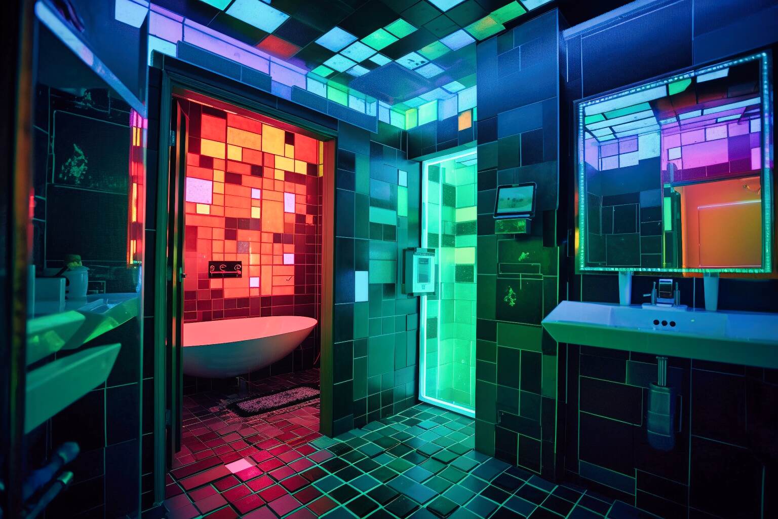 A Cyberpunk Badezimmer Mit Farbwechselnden Fliesen