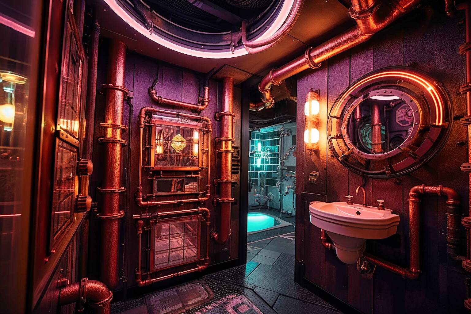 Bathroom With A Fusion Of Steampunk And Cyberpunk Aesthetics