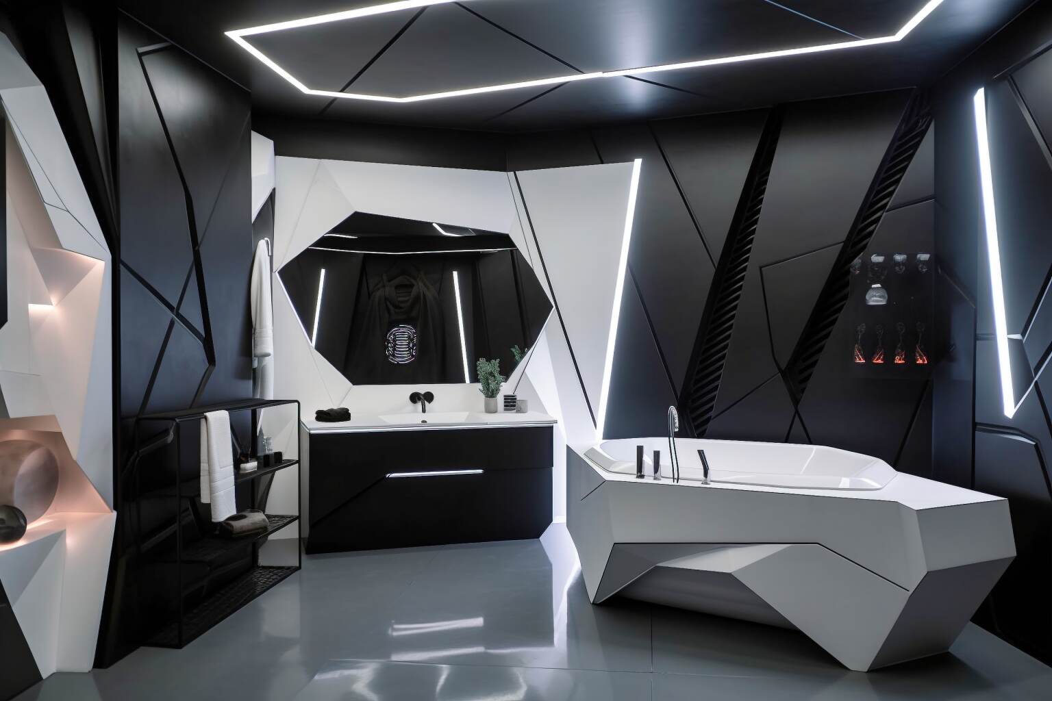 Cyberpunk Bathroom Featuring Angular Folding Surfaces