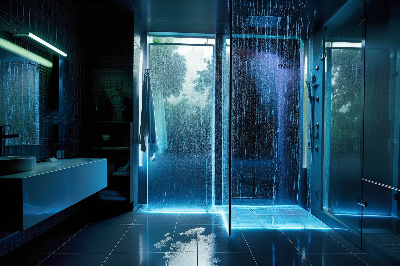 Cyberpunk Bathroom With Floor To Ceiling Smart Glass Walls