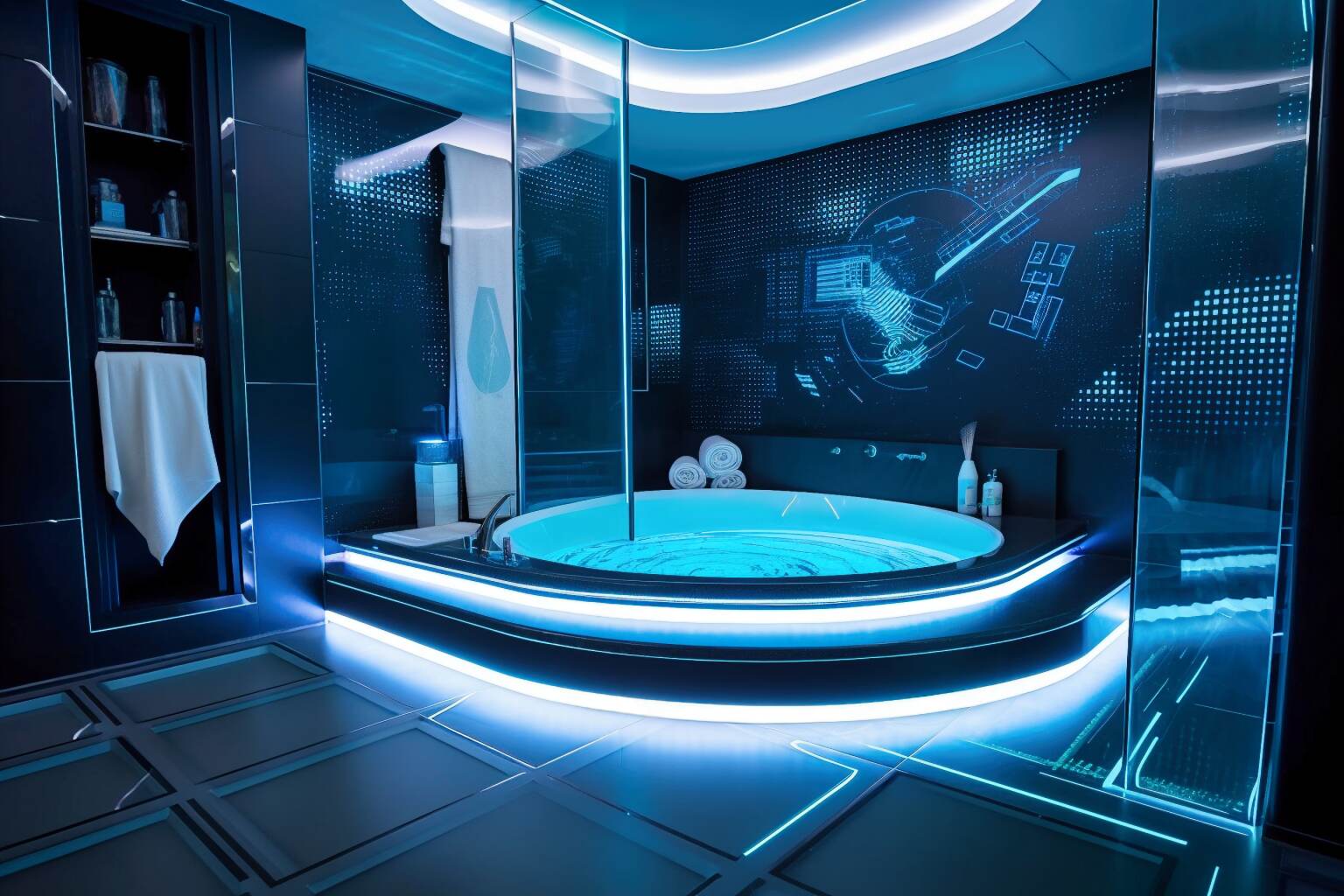 Cyberpunk Style Bathroom With Sunken Bathtub