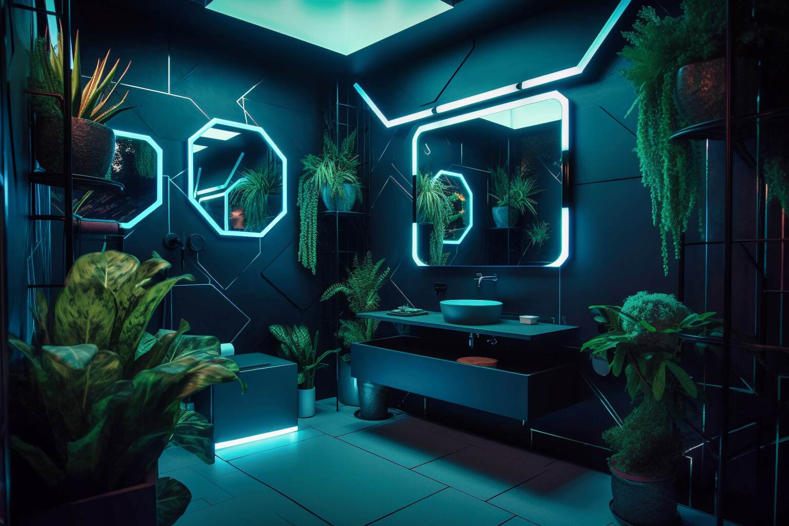 Cyberpunk Bathroom With Geometric Glass Panels Housing