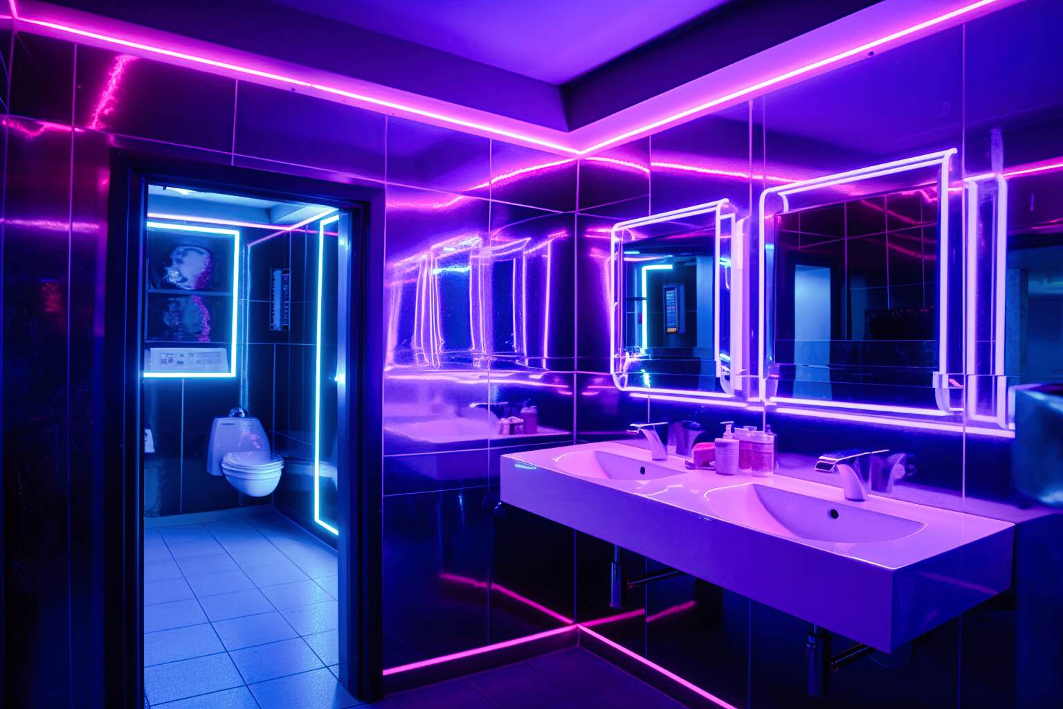 Cyberpunk Inspired Bathroom Drenched In Purple And Blue
