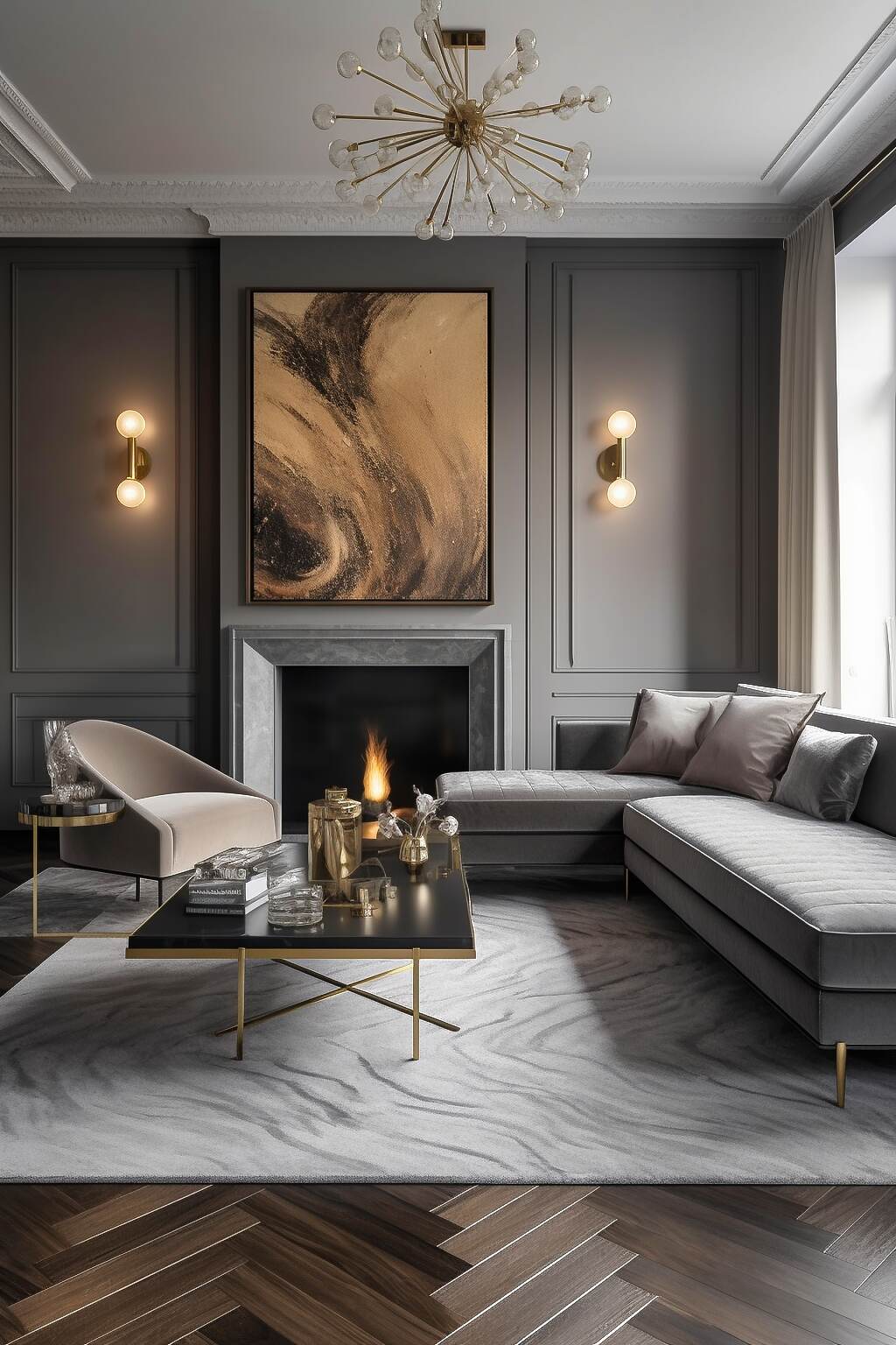 Grays And Golds Unite In This Stunning Living Room