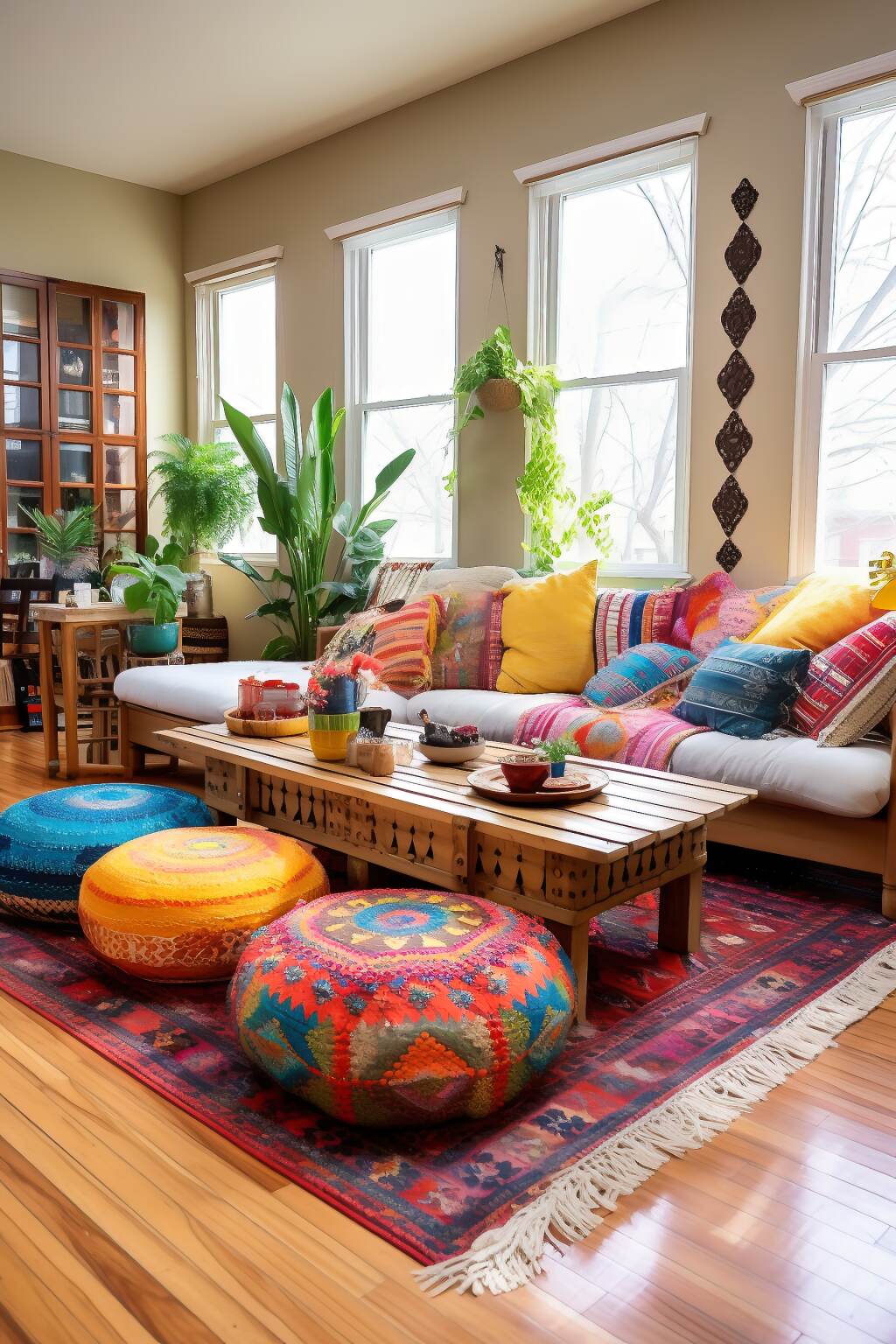 Bohemian Living Room Featuring Rustic Oak Flooring