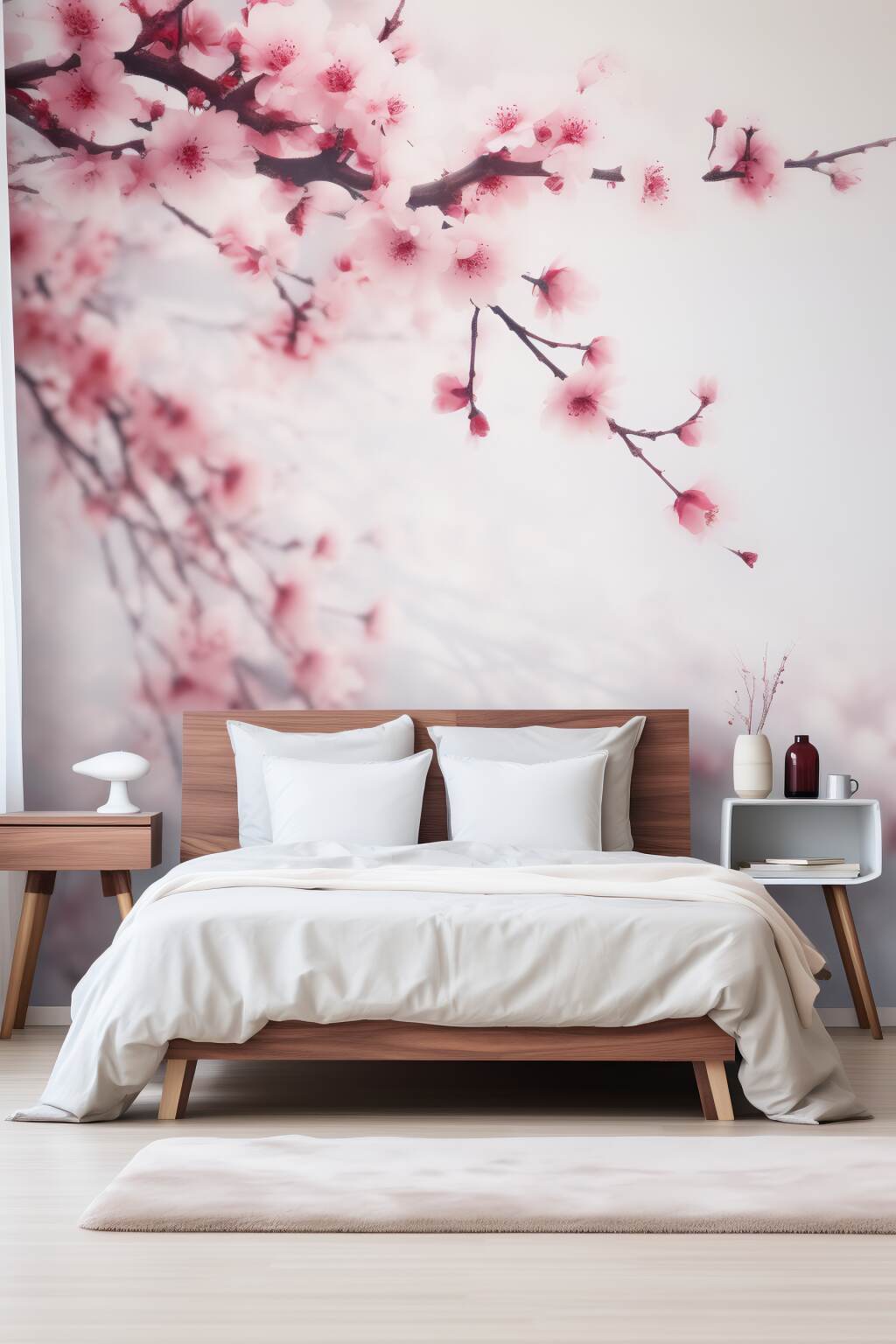 Bedroom Decorated With A Cherry Blossom Wall Mural