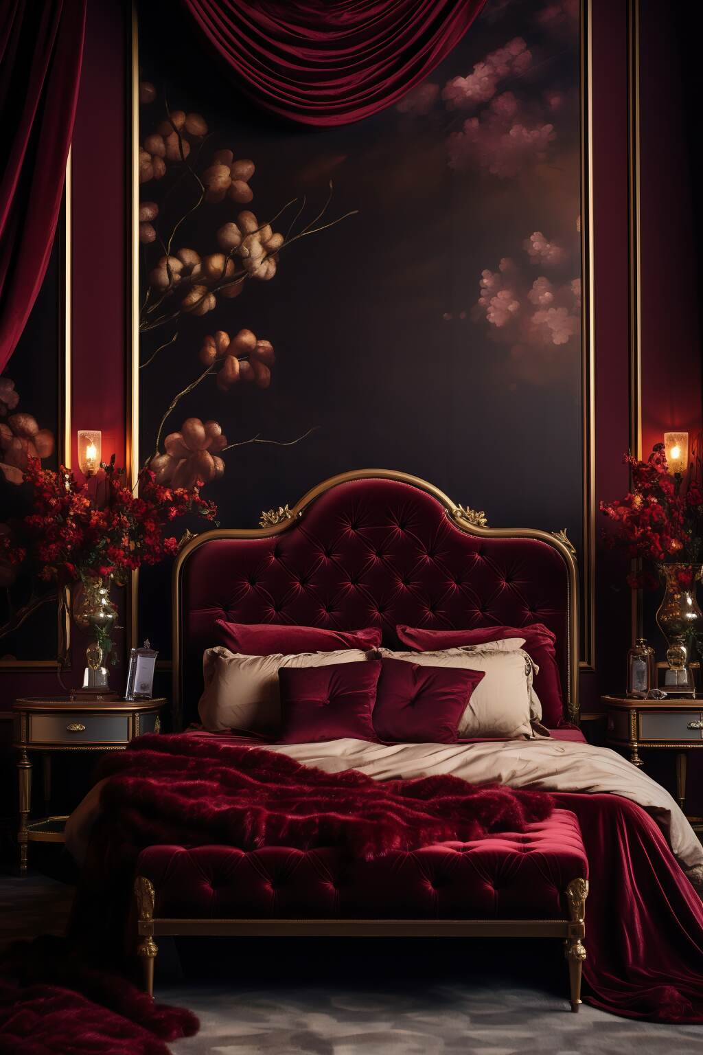 Boudoir Style Bedroom With Deep Burgundy Walls