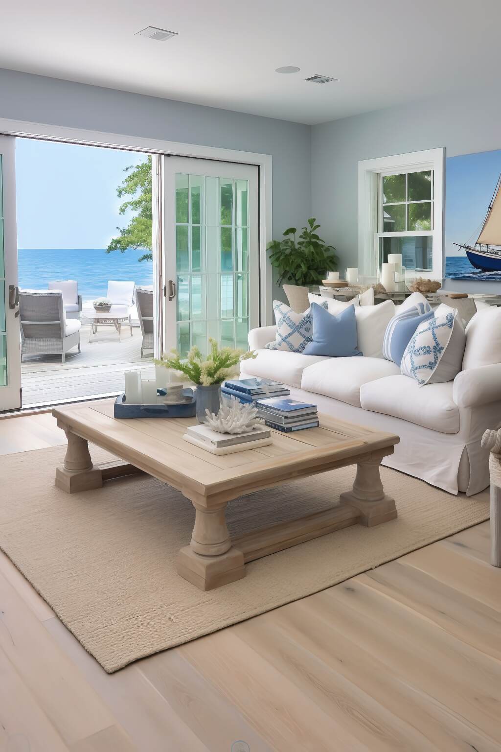 Coastal Themed Living Room Featuring Whitewashed Oak