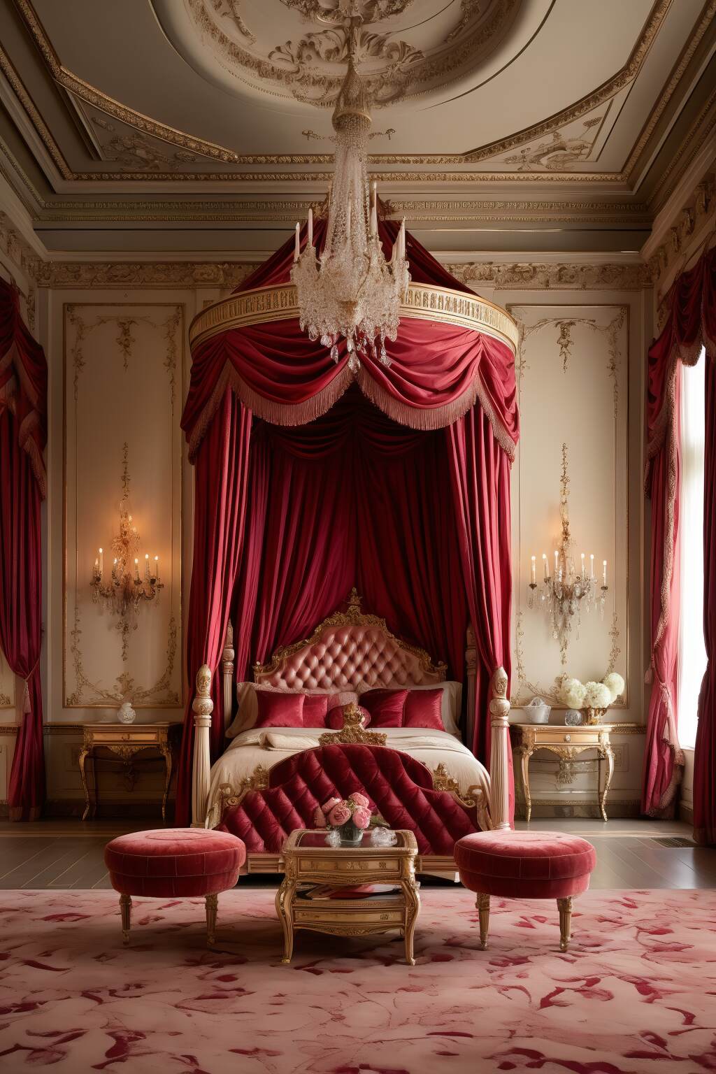 Lavish Bedroom With A Crimson Red Canopy Bed