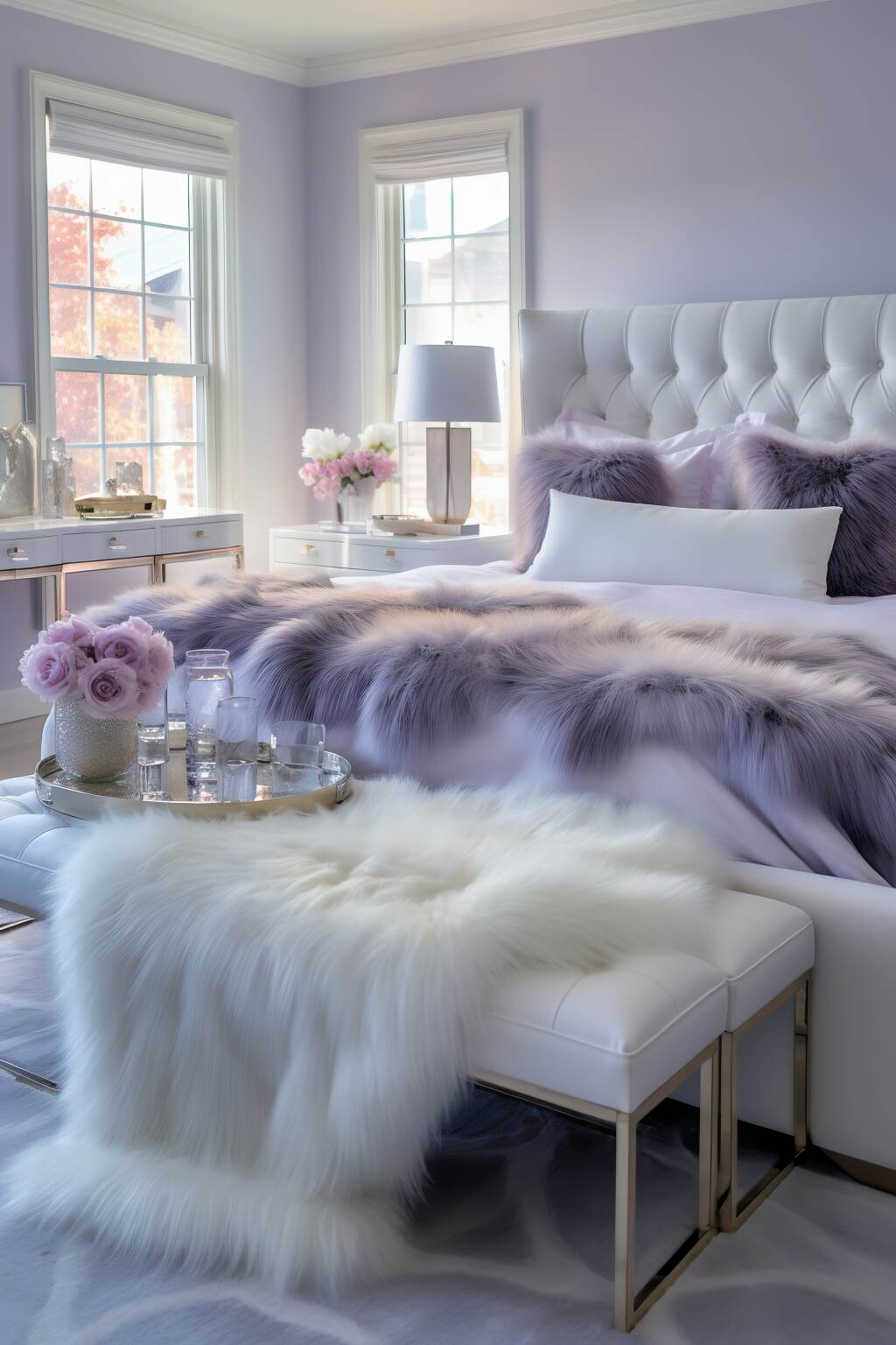 A Bedroom Featuring A Large Bed With A Tufted White Headboard, Lavishly Adorned With A Plush Purple Faux Fur Throw Blanket And Matching Pillows. A White Fur Bench Sits At The Foot Of The Bed. The Room Has Lavender Walls, Two Windows With A View Of Autumn Trees, A Bedside Table With A Modern Lamp, And Fresh Pink Flowers In Vases Adding A Soft Touch.