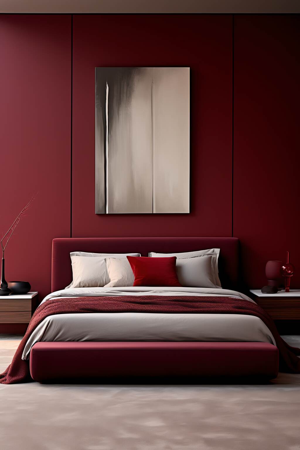 Modern Bedroom Boasting A Maroon Feature Wall Sleek