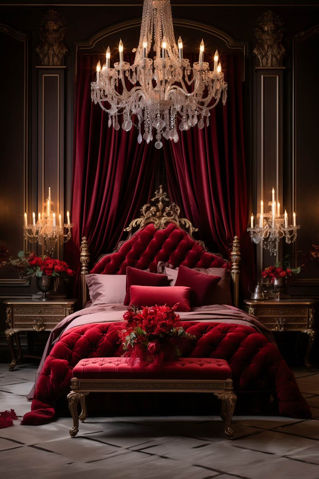 Romantically Styled Bedroom Featuring A Ruby Red Upholstery