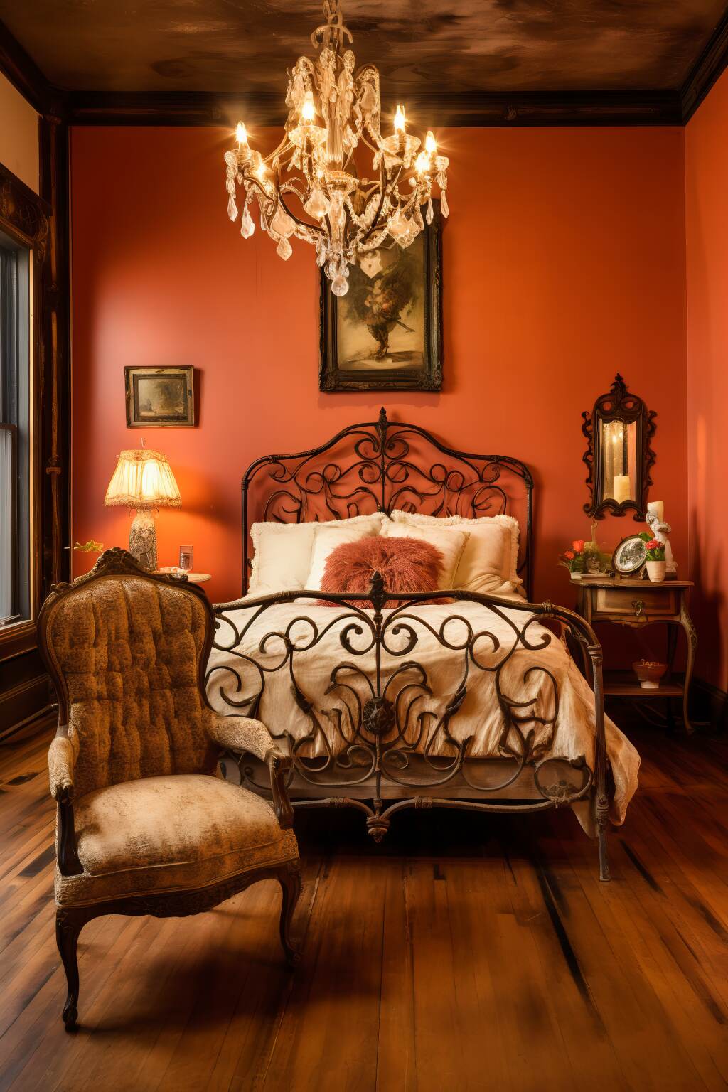Vintage Inspired Bedroom Featuring A Rusty Red