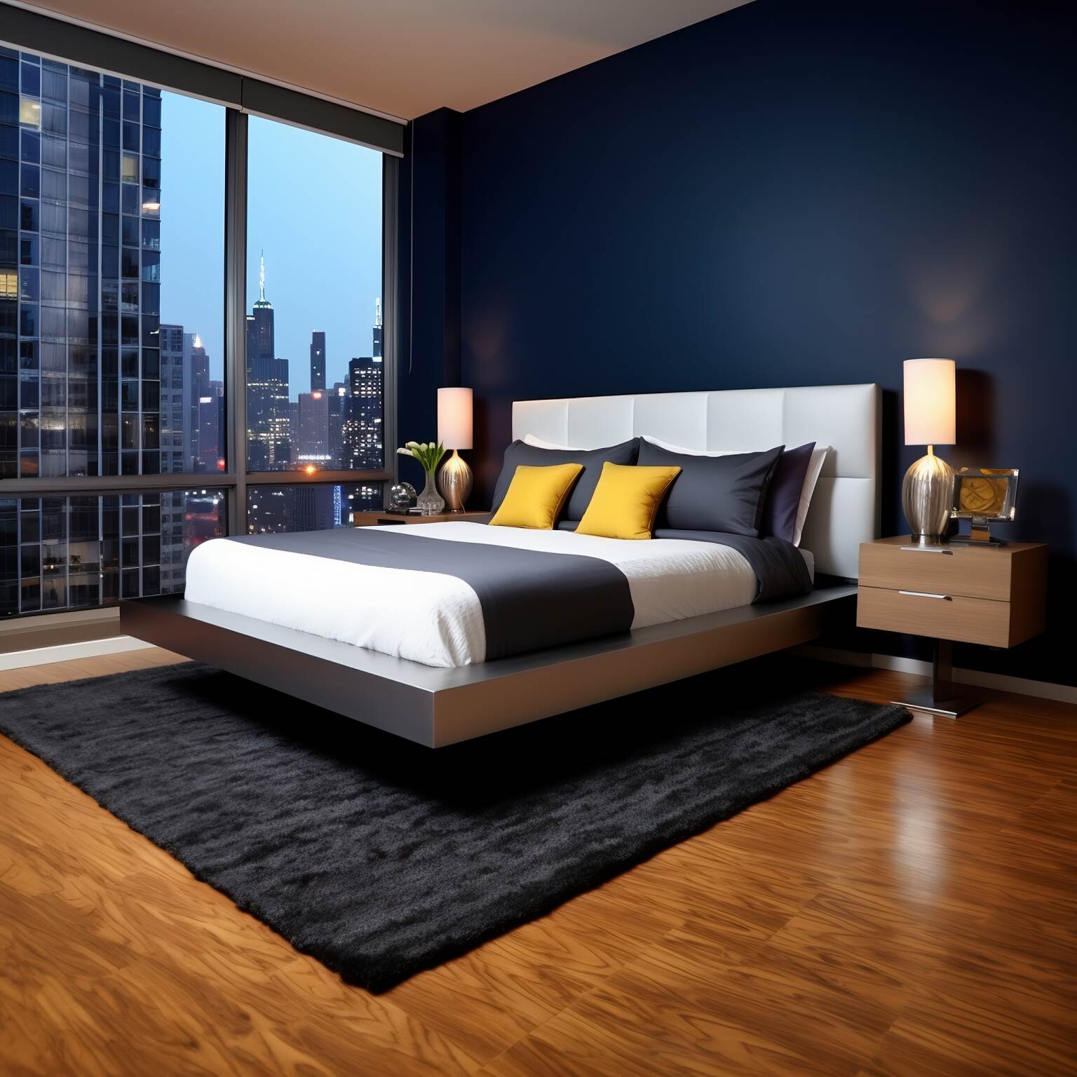 Chic Modern City Bedroom - Midnight Blue Color Scheme