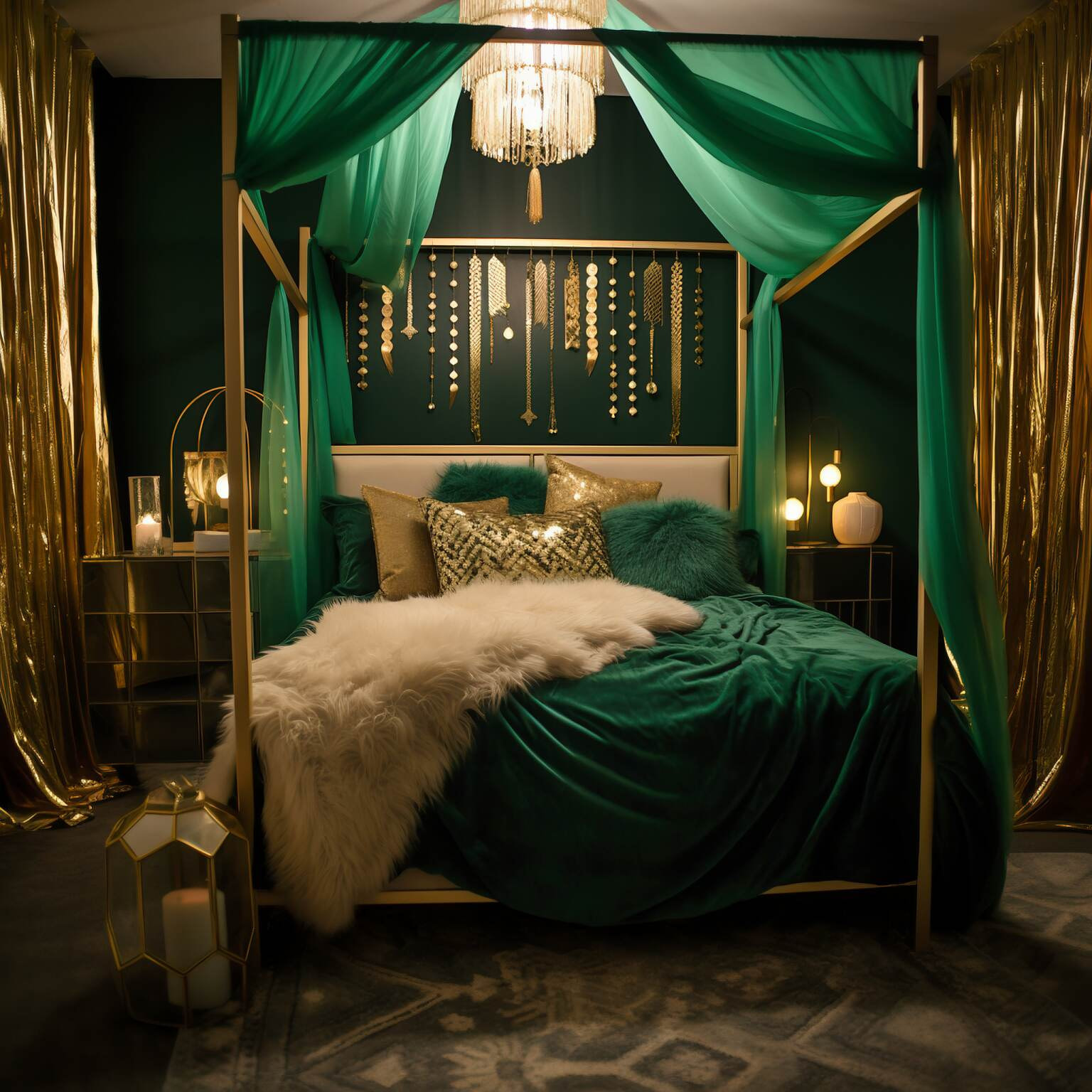 Emerald And Gold Boho Bedroom: