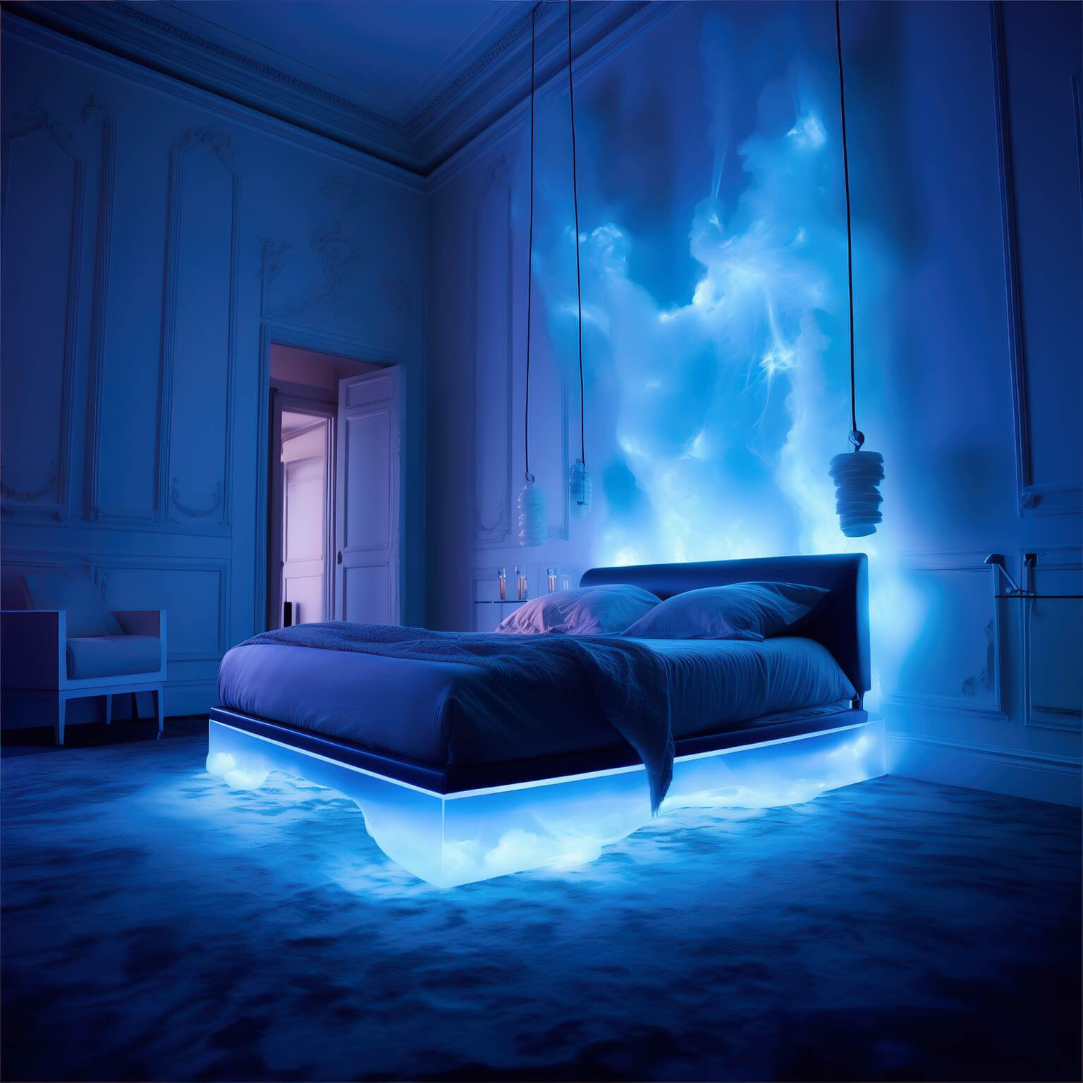 Ethereal Blue Neon Bedroom